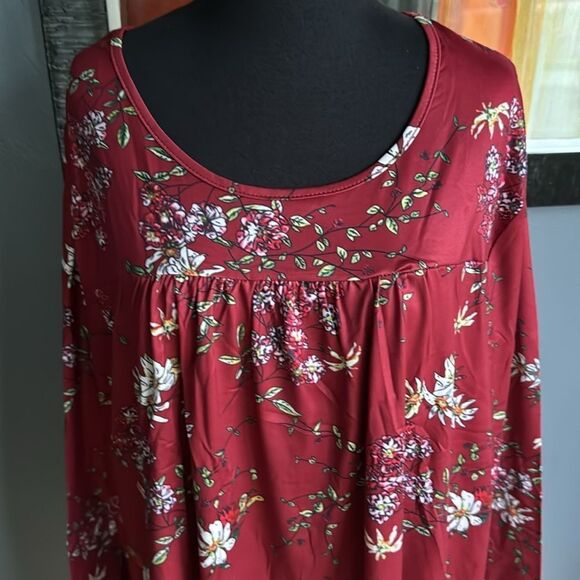 Visililly burgundy floral print pullover stretch gathered bodice/yoke top 3XL - Picture 3 of 6